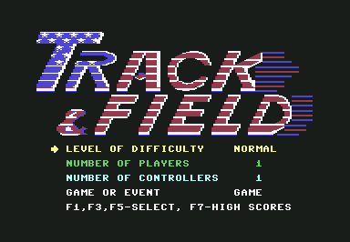 Track & Field (Commodore 64) screenshot: Main menu