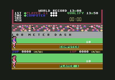 Track & Field (Commodore 64) screenshot: At the starting line of the 100 meter dash.