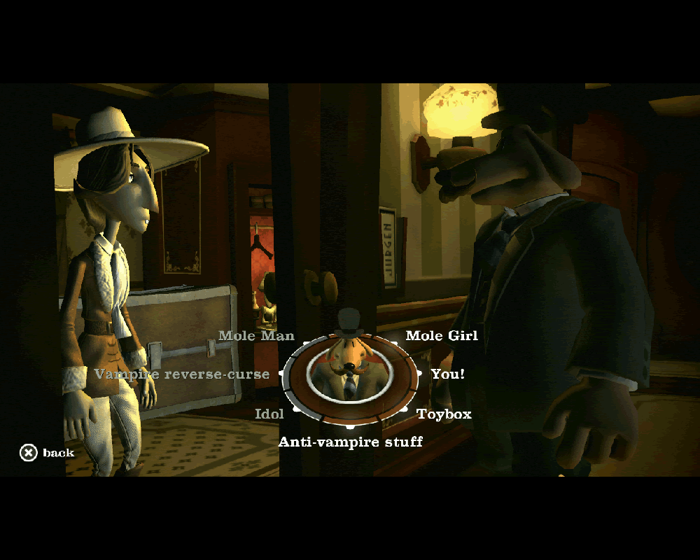 Sam & Max 302: The Tomb of Sammun-Mak (Windows) screenshot: Scenario 3: Interrogating Jurgen, a suspect for the toy box theft