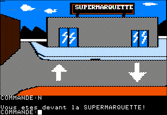 Le crime du parking (Apple II) screenshot: This is the supermarket where she worked.