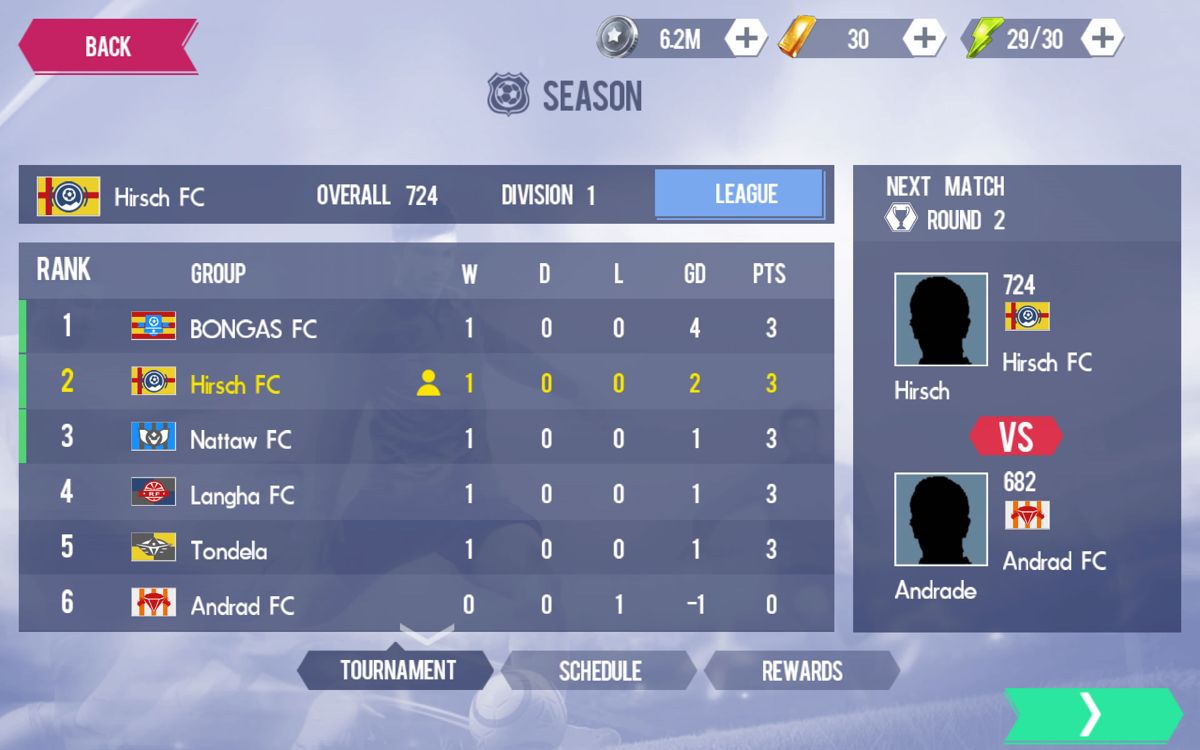 Real Football (Android) screenshot: League standings