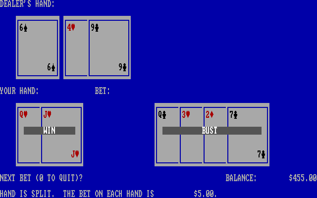 Blackjack (DOS) screenshot: A win and loss after splitting a hand