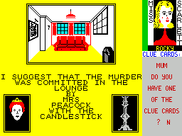 Cluedo (ZX Spectrum) screenshot: The player did not have a matching card amnd so responds 'N' - No