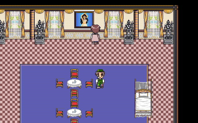 GunBlaze (PC-98) screenshot: Trevor has an interesting taste in paintings :)