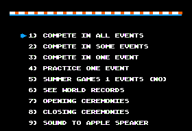 Summer Games II (Apple II) screenshot: The Main Menu
