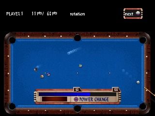 Billiards (PlayStation) screenshot: Top-down camera makes balls smaller and less distinguishable, but gives you better overview of a situation