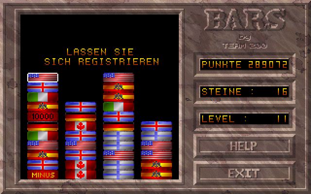 BARS (DOS) screenshot: Playing level 11 of BARS with stones made of flags