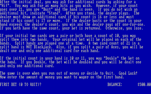 Blackjack (DOS) screenshot: Game instructions continued