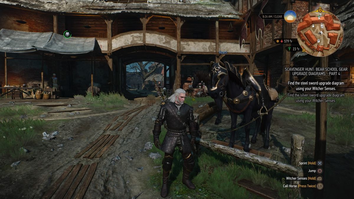 The Witcher 3: Wild Hunt - Nilfgaardian Armor Set (PlayStation 4) screenshot: Geralt and his horse, Roach, in full Nilfgaardian armor set