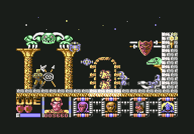 Defenders of the Earth (Commodore 64) screenshot: Destroying Ming's forces need to exit