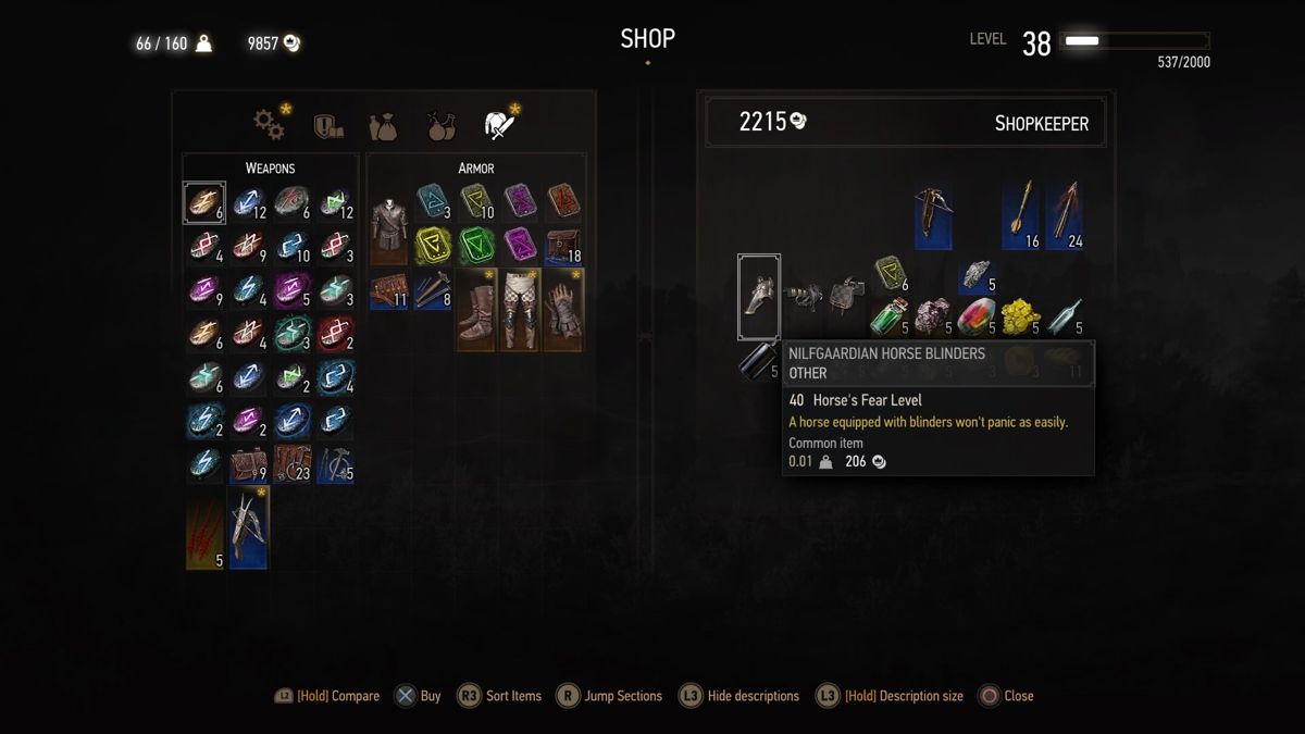 The Witcher 3: Wild Hunt - Nilfgaardian Armor Set (PlayStation 4) screenshot: Purchasing Nilfgaardian equipment for Roach at shopkeeper in Crow's Perch