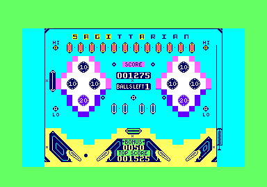 Pinball Wizard (Amstrad CPC) screenshot: Ball is in play and I am lighting up the letters of the word Sagittarian.