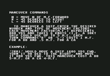 Dreadnoughts (Commodore 64) screenshot: Maneuver instructions when in battle mode