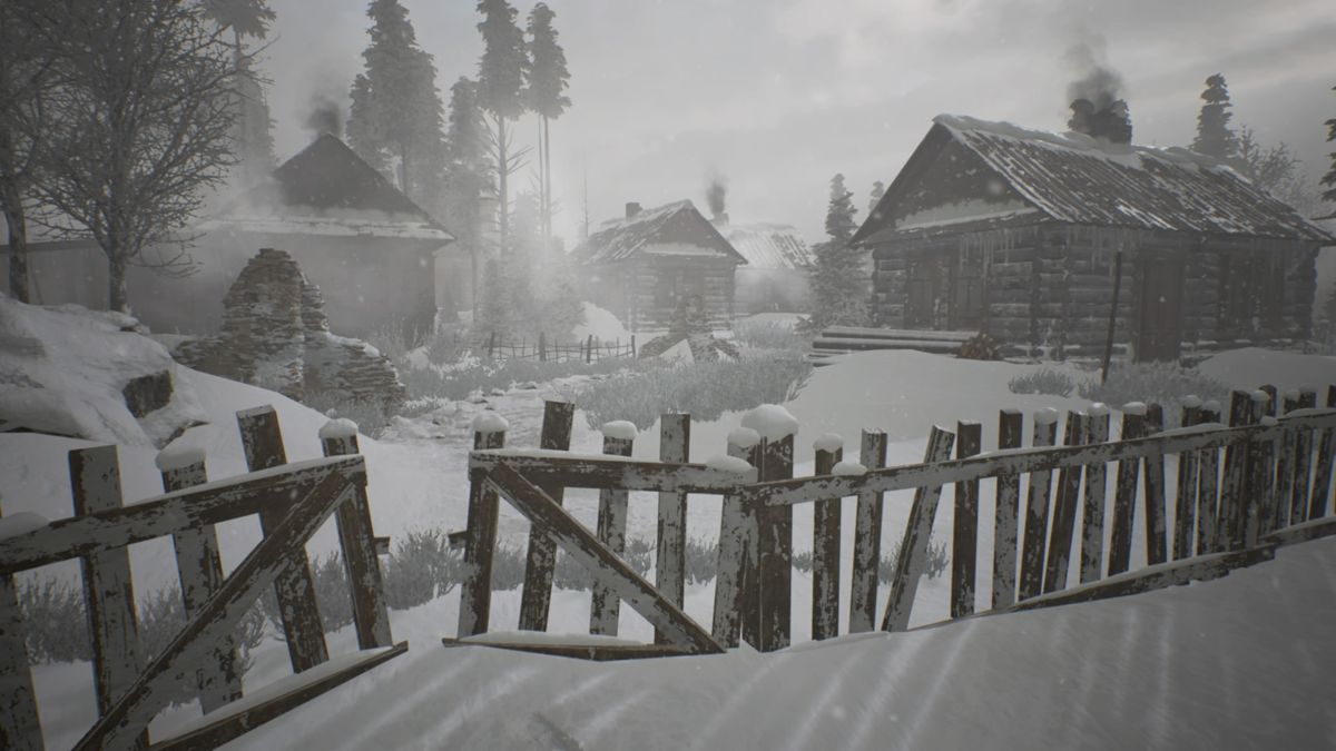 Kholat (PlayStation 4) screenshot: There are no people to meet, but smoke coming out of the chimneys alludes there are residents inside