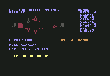 Dreadnoughts (Commodore 64) screenshot: The Repulse explodes!