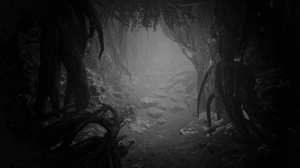 Kholat (PlayStation 4) screenshot: Forest path turned into a cavern with tree roots