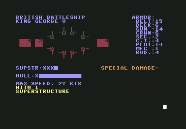Dreadnoughts (Commodore 64) screenshot: The King George taking damage
