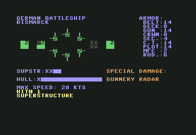 Dreadnoughts (Commodore 64) screenshot: Bismarck light damage