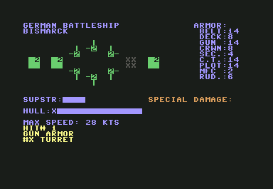 Dreadnoughts (Commodore 64) screenshot: Bismarck taking some damage
