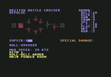 Dreadnoughts (Commodore 64) screenshot: Repulse being hammered with hull armor gone her main powder room is hit