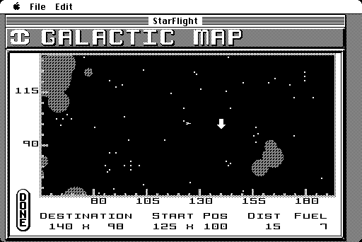 Starflight (Macintosh) screenshot: Galactic Map showing stars and nebula
