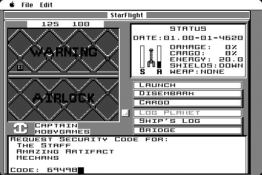 Starflight (Macintosh) screenshot: Crew assigned ship ready now go for launch