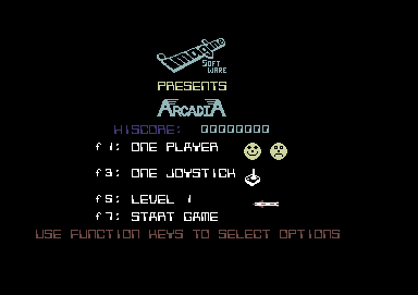 Arcadia (Commodore 64) screenshot: Title screen and main menu
