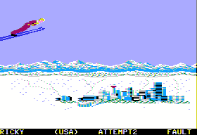 The Games: Winter Edition (Apple II) screenshot: Ski Jump - I'm flying!