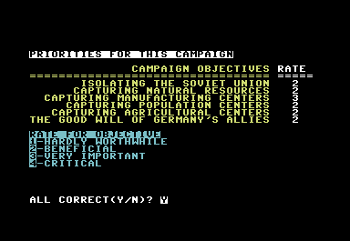 Panzers East! (Commodore 64) screenshot: Select priorities for the campaign