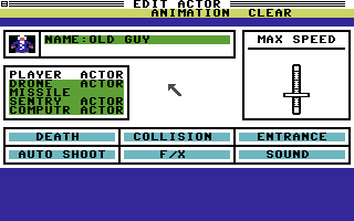 Arcade Game Construction Kit (Commodore 64) screenshot: Editing an "actor" - IE a character in the game