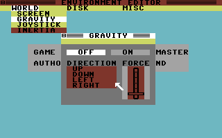 Arcade Game Construction Kit (Commodore 64) screenshot: Environment editor - gravity settings
