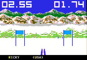 The Games: Winter Edition (Apple II) screenshot: Down Hill - first person view