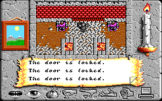 Times of Lore (DOS) screenshot: This building must be pretty important - the door is locked and there are two guards.