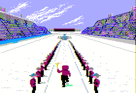 The Games: Winter Edition (Apple II) screenshot: Opening ceremony - The Olympic runner carrying the torch