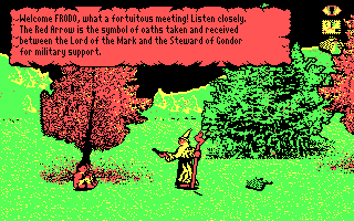 J.R.R. Tolkien's War in Middle Earth (DOS) screenshot: Radagast talking to Frodo (CGA)