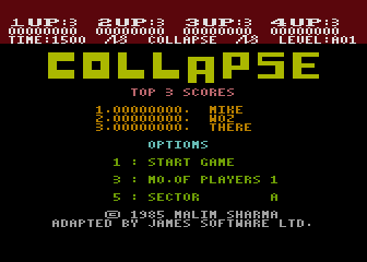 Collapse (Atari 8-bit) screenshot: Title screen, high scores and main menu