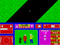 Nick Faldo Plays The Open (ZX Spectrum) screenshot: The ball has gone right down the fairway. Still a long way from the hole so I'll repeat the shot with the same settings