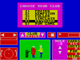 Nick Faldo Plays The Open (ZX Spectrum) screenshot: Control setup menu. If keyboard is chosen the game prompts the player for the up / down / left / right & fire keys