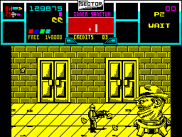 NARC (ZX Spectrum) screenshot: The boss in his tank like chair.