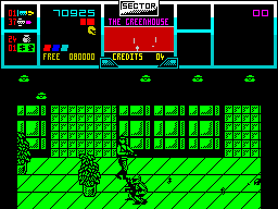 NARC (ZX Spectrum) screenshot: Inside the greenhouse which doesn't really have that much weed growing for the size of the place.