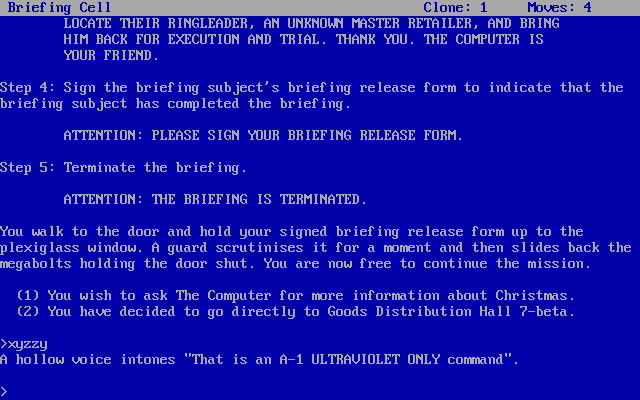 Paranoia (DOS) screenshot: Binary selections; a humorous error message