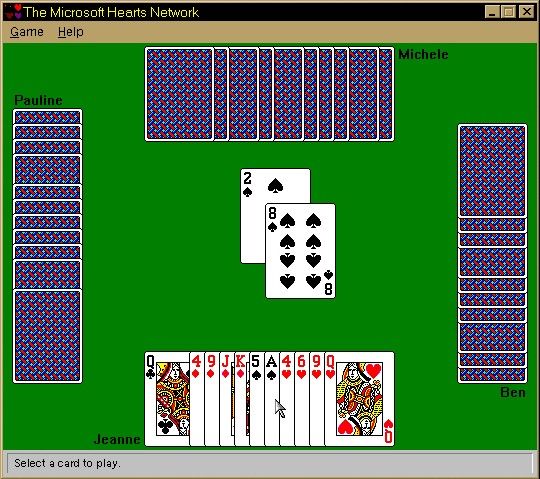 Microsoft Windows 98/98SE (included games) (Windows) screenshot: A Hearts game in progress