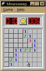 Microsoft Windows 98/98SE (included games) (Windows) screenshot: A Minesweeper game in progress (Beginner level)