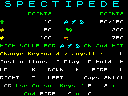Spectipede (ZX Spectrum) screenshot: ... and the score table