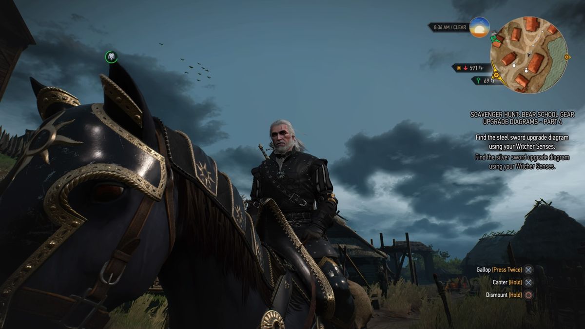 The Witcher 3: Wild Hunt - Nilfgaardian Armor Set (PlayStation 4) screenshot: Riding in full Nilfgaardian armor set, front view