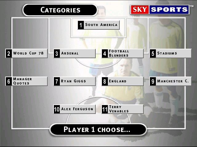 Sky Sports Football Quiz (Windows) screenshot: A 'Dream team' game. Each player position corresponds to a question category