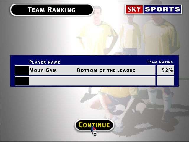 Sky Sports Football Quiz (Windows) screenshot: The High Score table for a Dream team game. This is the only entry and the game calls it 'Bottom of the League' which seems a bit harsh