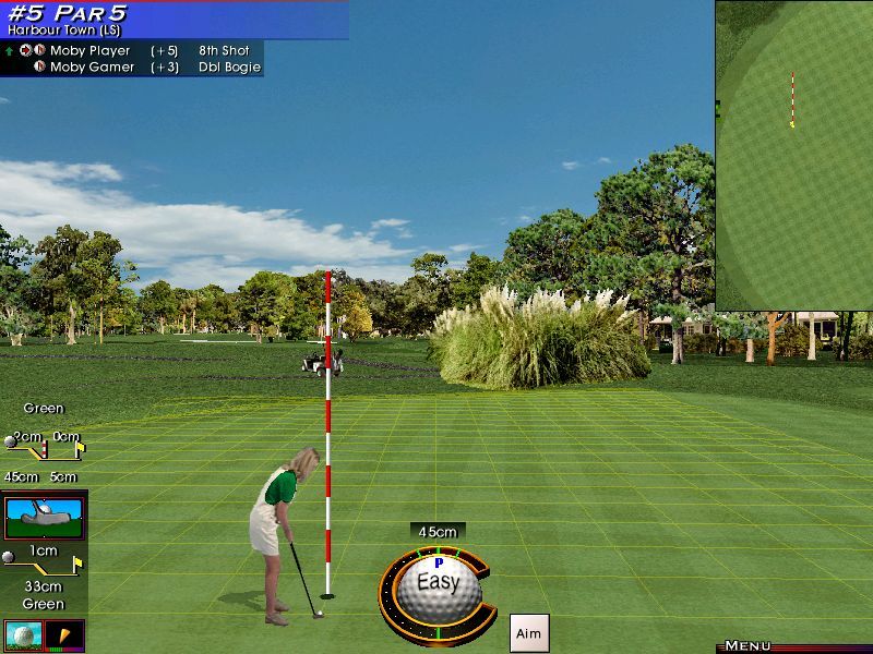 Links LS Classic (Windows) screenshot: The player aims the shot by positioning the red & white pole with the mouse. It seems a little bit like overkill when on the green for a tap-in