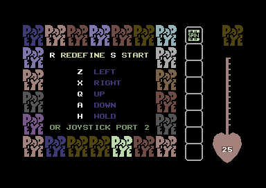 Popeye (Commodore 64) screenshot: Title screen and main menu