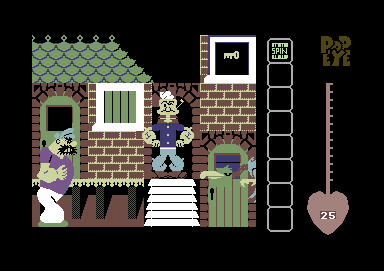 Popeye (Commodore 64) screenshot: Starting the game. You can see Bluto and the Sea Hag's vulture, Bernard.